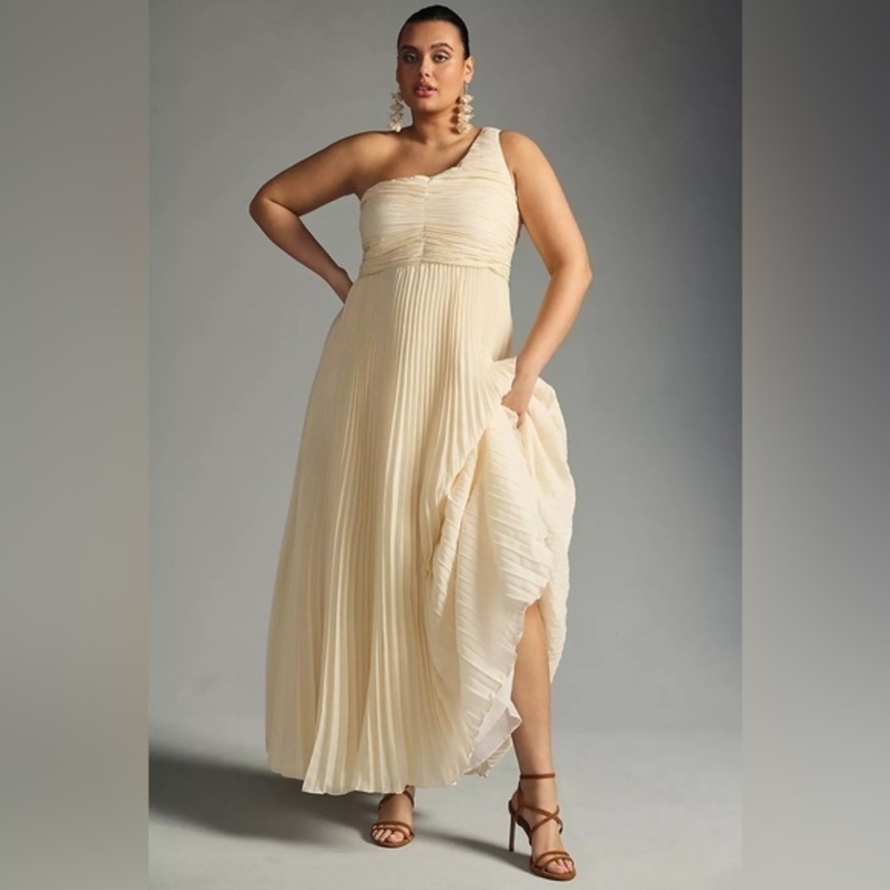 Anthropologie Forever That Girl Ivory One Shoulder Pleated Maxi Dress Gown